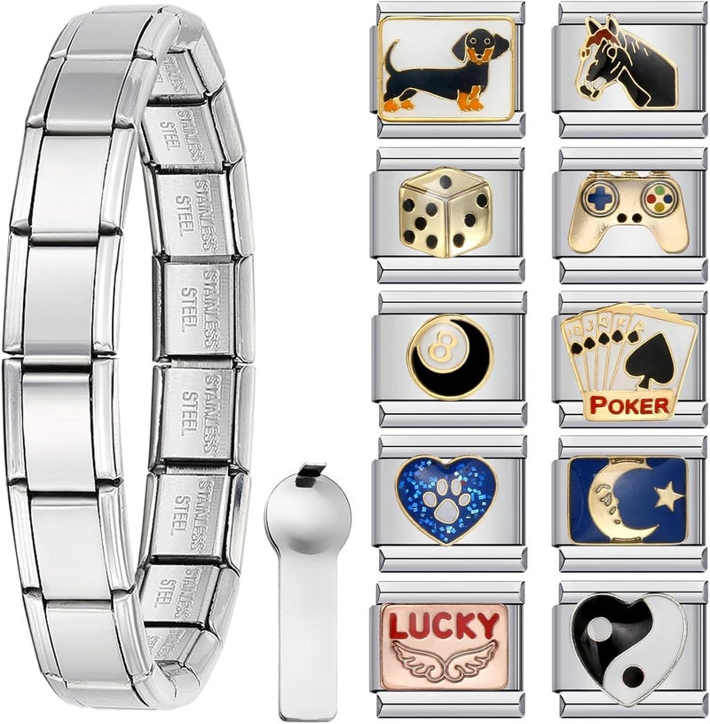 Double Fair Italian Charm Bracelet Set - 316 Stainless Steel, 6.75 Inch Starter Bracelet with 10 Charms, Includes Opening Tool, Customizable, Silver (Silver-A 10PCS Charm Sets) - Image 1